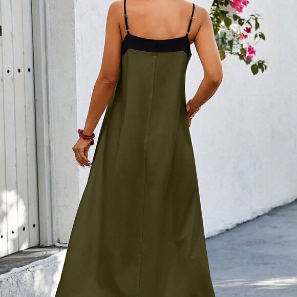 Army Green Casual Women's Color Block Spaghetti Strap Dress - Picture 2 of 5